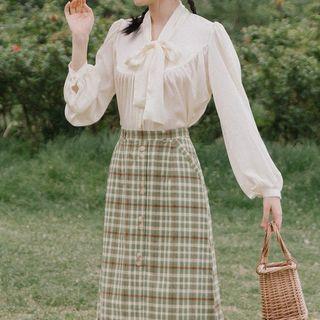 Set: Bow Accent Blouse + Plaid Midi A-line Skirt
