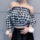 Off Shoulder Check Blouse Check - Black & White - One Size