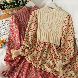 Patchwork Mock-neck Floral Midi Dress