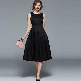 Gathered-waist Sleeveless A-line Plain Sheath Dress