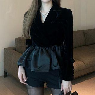 Ruffled Velvet Blazer Black - One Size