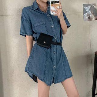 Short-sleeve Denim A-line Mini Shirtdress As Shown In Figure - One Size
