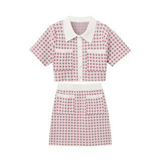 Set: Short-sleeve Collar Plaid Knit Top + Mini A-line Skirt