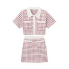 Set: Short-sleeve Collar Plaid Knit Top + Mini A-line Skirt