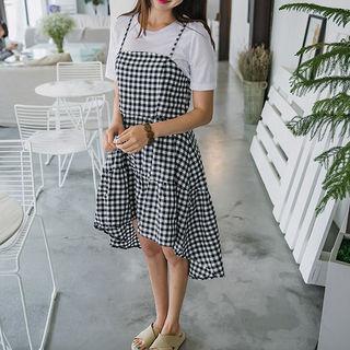 Set: Round-neck T-shirt + Spaghetti-strap Gingham Tiered Dress
