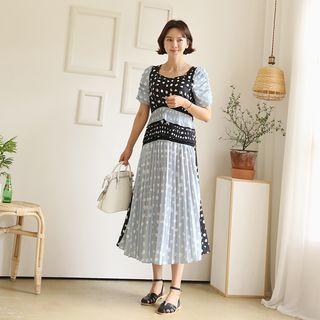 Color-block Polka-dot Dress Black - One Size