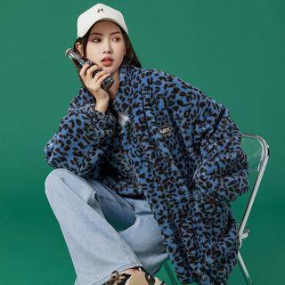 Stand-collar Leopard Print Fleece Jacket