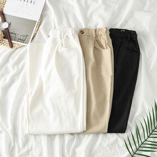 Elastic-waist Plain Straight-cut Pants