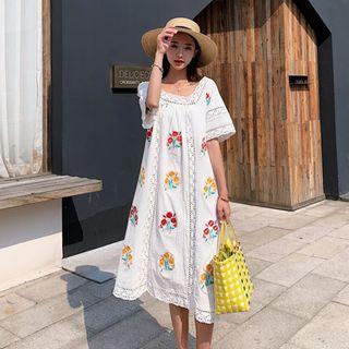 Elbow-sleeve Lace Trim Floral Midi Dress