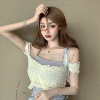 Ribbed Camisole Top / Off-shoulder Shirred Cropped Blouse