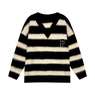 Letter Embroidered Striped Sweater Black - One Size