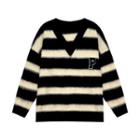 Letter Embroidered Striped Sweater Black - One Size