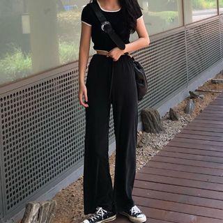 Color-block Knitted Top / Plain Wide-leg Pants