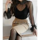 Tie-cuff Shirred See-through Top Black - One Size