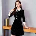 3/4-sleeve Collared A-line Velvet Dress