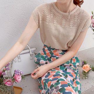 Cap-sleeve Perforated-yoke Knit Top