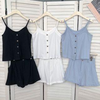 Set: Button-up Camisole Top + Wide Leg Shorts