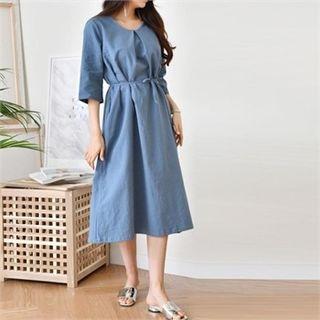 3/4-sleeve Linen Blend Dress With Cord