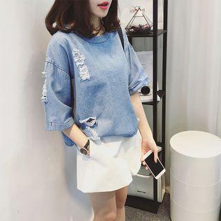3/4-sleeve Ripped Denim Top