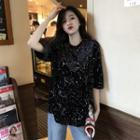 Elbow-sleeve Star Sequined T-shirt Black - One Size