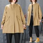 Plain Semi High-neck Medium Maxi Trench Jacket Khaki - F