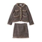 Fluffy Trim Houndstooth Button Jacket / Mini Pencil Skirt / Set