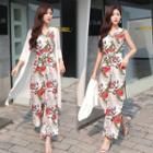 Sleeveless Flower Print Wide-leg Jumpsuit / Cover-up