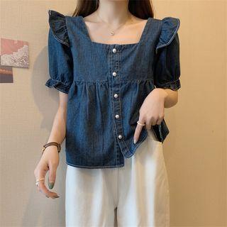 Elbow-sleeve Square Neck Ruffled Denim Blouse