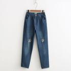 Slim-fit Sheep Embroidered Washed Jeans