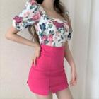 Short-sleeve Floral Print Blouse / Mini Pencil Skirt