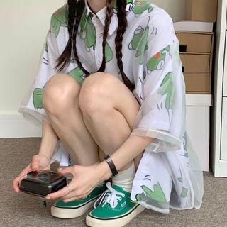 Elbow-sleeve Mesh Panel Cartoon Print T-shirt White - One Size