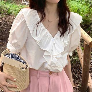 Short Sleeve Ruffled Shirt White - One Size