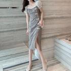 Short-sleeve Plaid Frog-button Midi Sheath Dress
