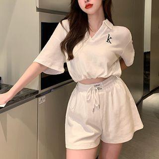 Set: Cropped Polo Shirt + Wide-leg Sweatshorts