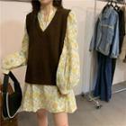 Flower Print Long-sleeve Shift Dress / V-neck Knit Vest