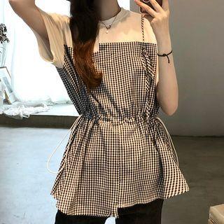 Plaid Panel Crew-neck T-shirt