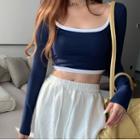 Long-sleeve Contrast Trim Crop Top Blue - One Size