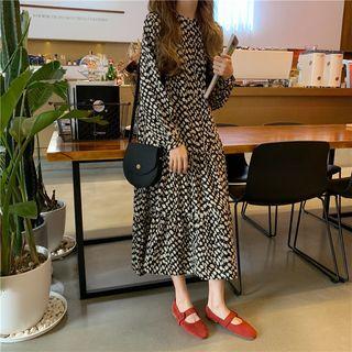 Patterned Long-sleeve Midi A-line Dress As Shown In Figure - One Size