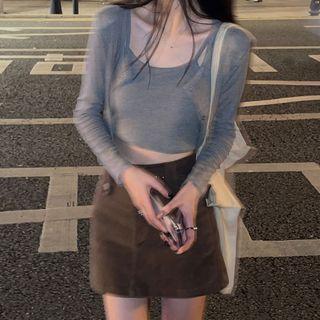 Cropped Camisole Top / Cardigan / Belted Mini Skirt / Set