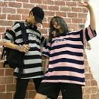 Couple Matching Elbow-sleeve Letter Striped T-shirt