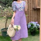 Floral Short-sleeve Blouse / Plain Midi A-line Jumper Skirt