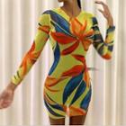 Long-sleeve Floral Print Sheer Mini Bodycon Dress