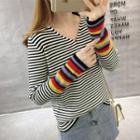 V-neck Contrast Striped Knit Top