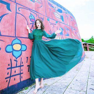 Long-sleeve Lace Panel Chiffon A-line Midi Dress