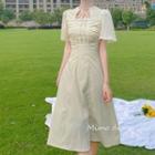 Lace Trim Short Sleeve Tie-neck A-line Dress