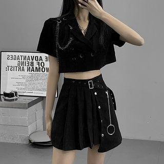 Short-sleeve Chained Double-breasted Crop Top / Buckled Mini A-line Skirt / Set