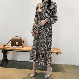 Mandarin-collar Floral Pattern Maxi Shirtdress