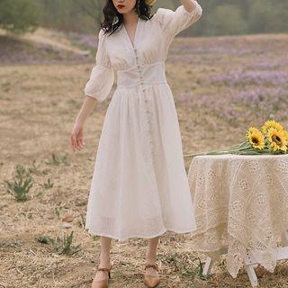 3/4-sleeve V-neck Button-front Dress