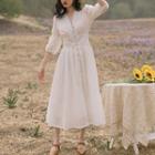 3/4-sleeve V-neck Button-front Dress