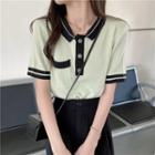 Short-sleeve Contrast Trim Collared Top